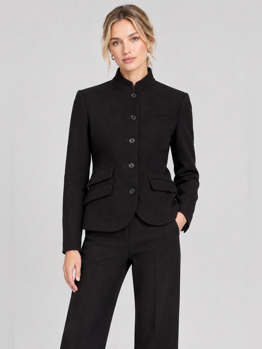 rag & bone Black Virgin Wool Blend Band Collar Jacket Blazer Size 8